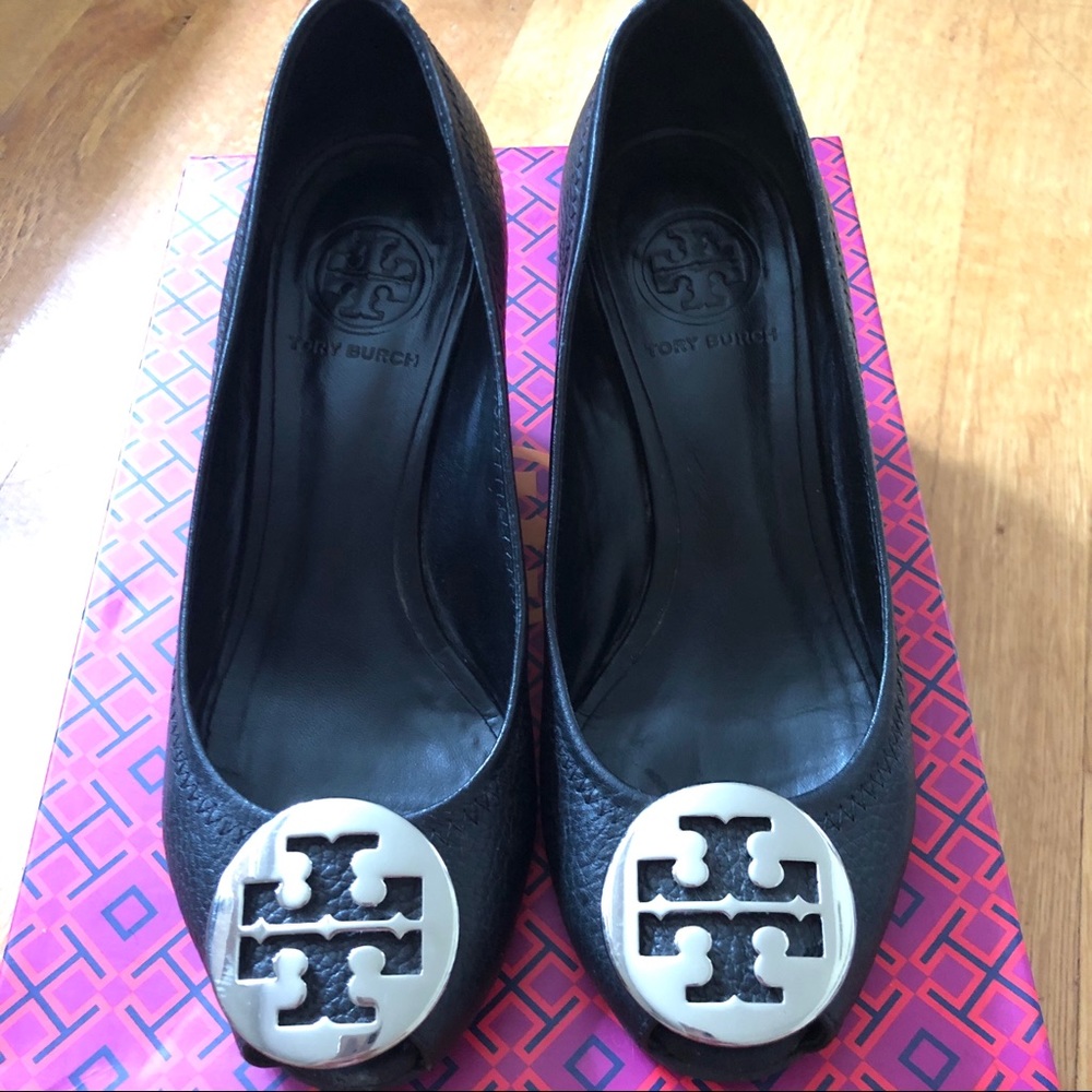 Tory Burch Leather Wedge Peep Toe Pumps